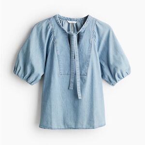 NWT H&M Tie Neck Balloon sleeve Denim Blouse Size Medium Light denim blue